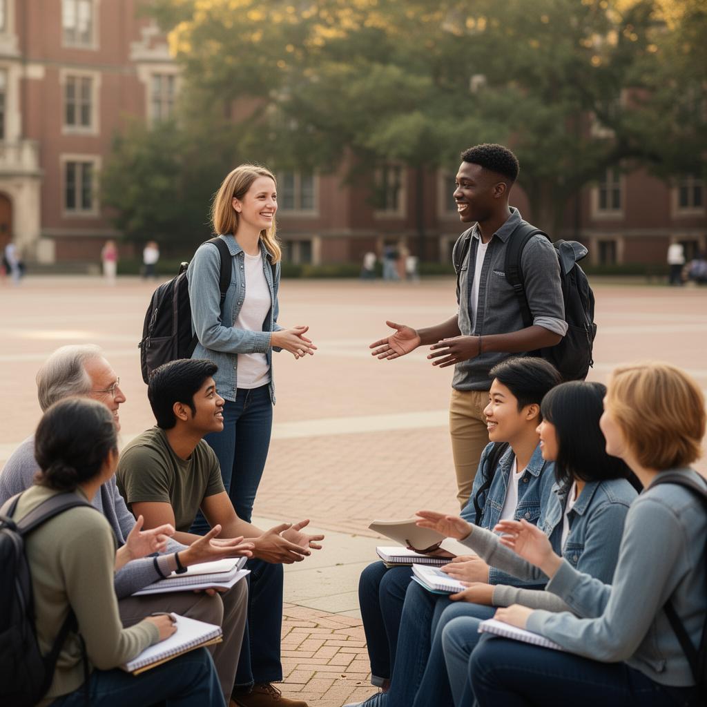 College students and faculty engaged in a thoughtful conversation on a university quad